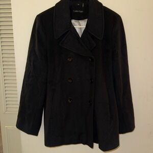Calvin Klein Womens 14P Black Wool Blend Cashmere Peacoat Double Breasted Jacket
